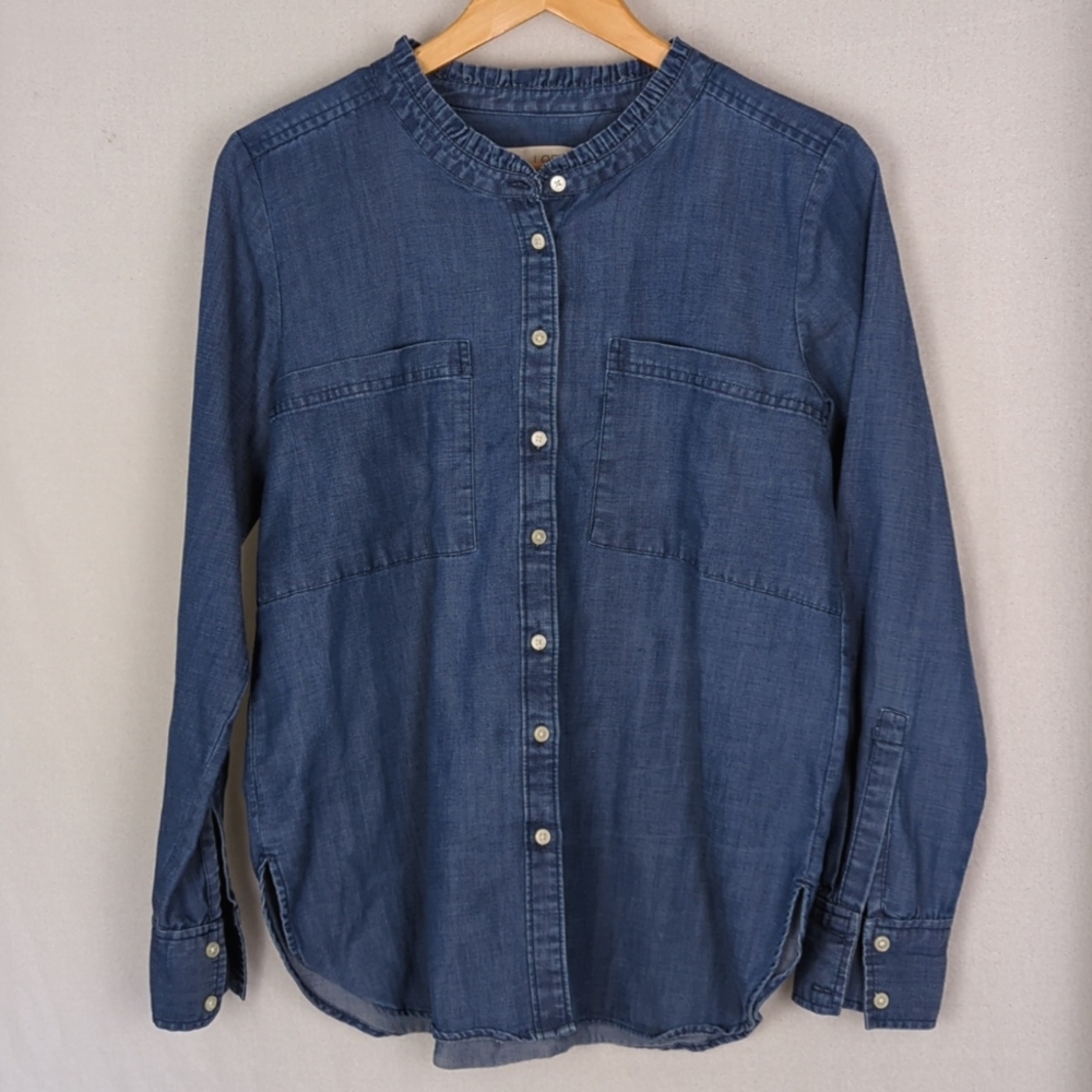 LOFT Women's Long Sleeve Frill Neck Button Down Chambray Shirt